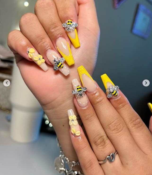 Long Bumble Bee Yellow and Nude Nail Design