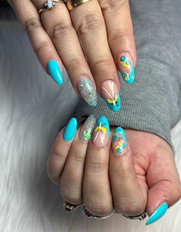 Blue with butterfly Almond shape French nails