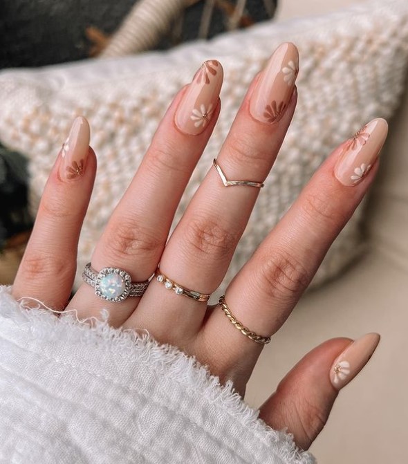 Girly Nude Nails with flowers