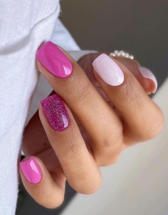 Pink short nail designs with combo nails