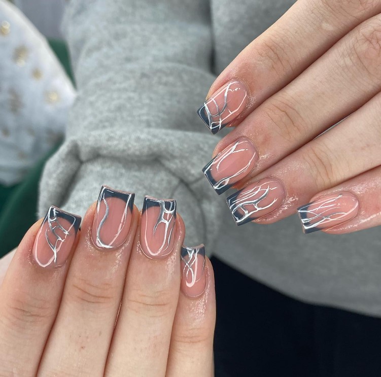 minimalist french tip metallic  art design nails