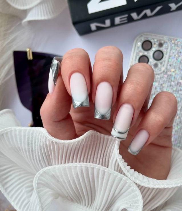 Metallic tips on Milky white nails