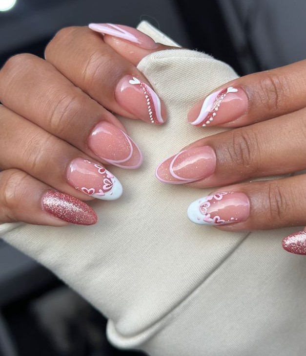 White tip French Nails on blush with glitter