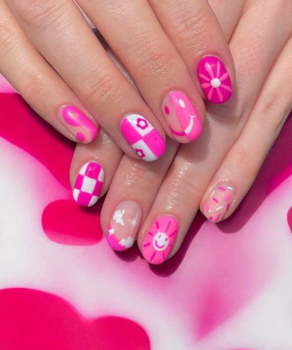 Bright pink mix n match nails  