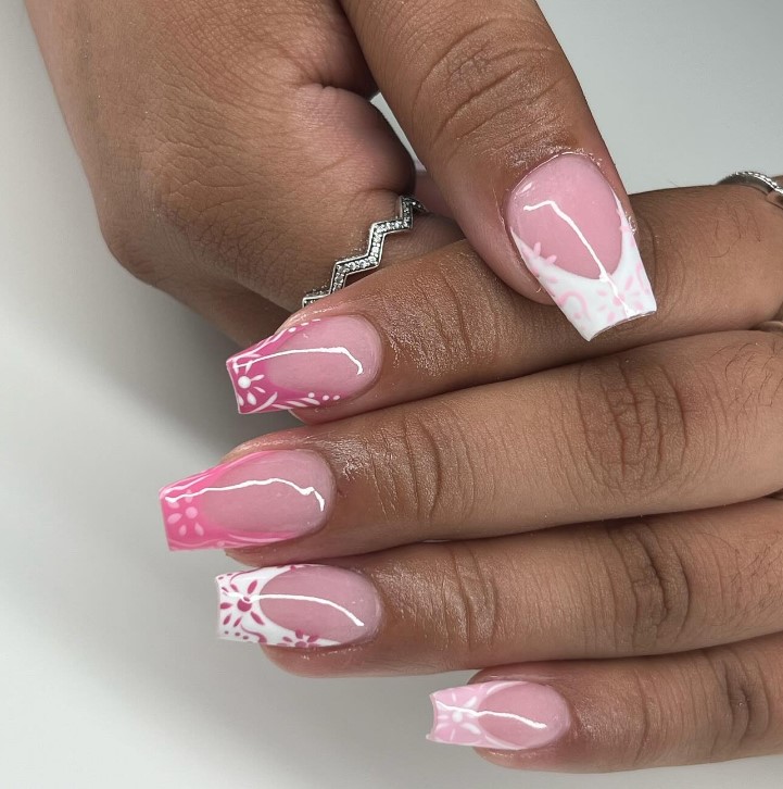 white and pink short nails