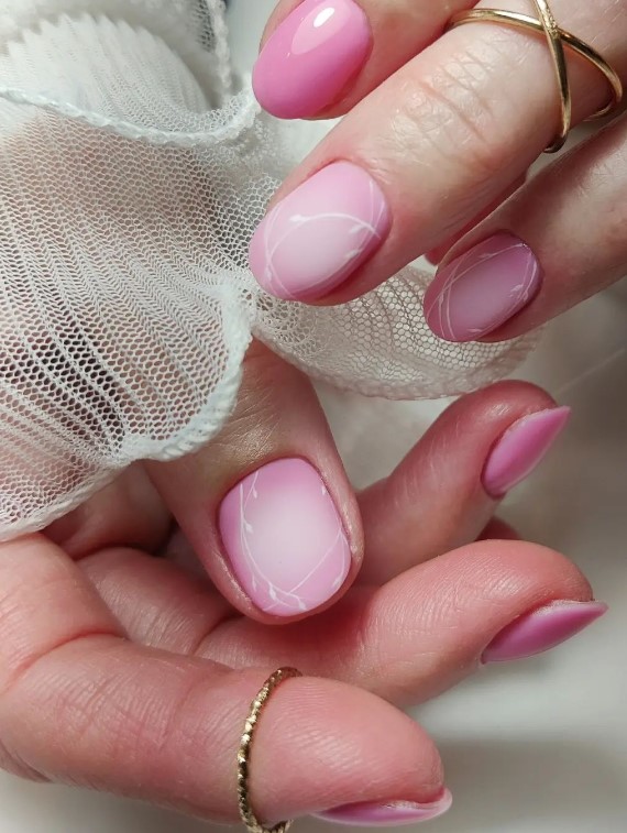 Pink Short Nails With Thin White Lines