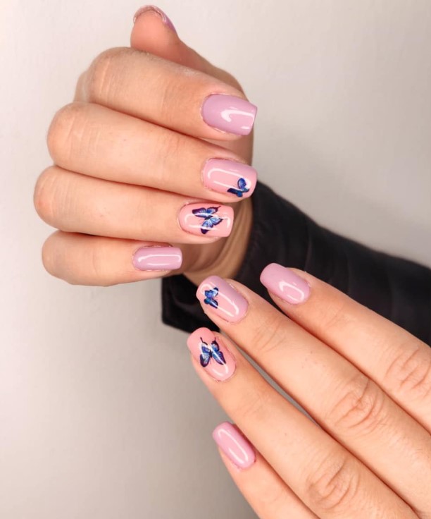 Short Pink Nails with Butterfly Art