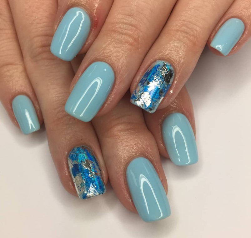 Baby Blue Nails with Metallic Foil Accent