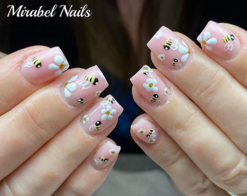 Bee nail designs:  Bees With Yellow and White Flowers