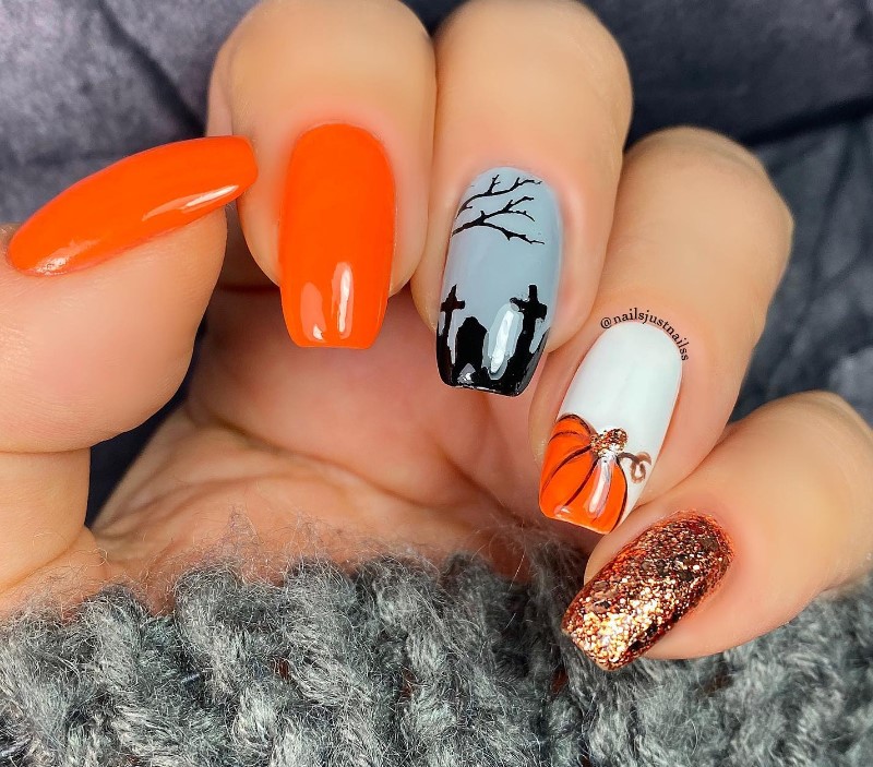 Orange Halloween Nails with Bronze