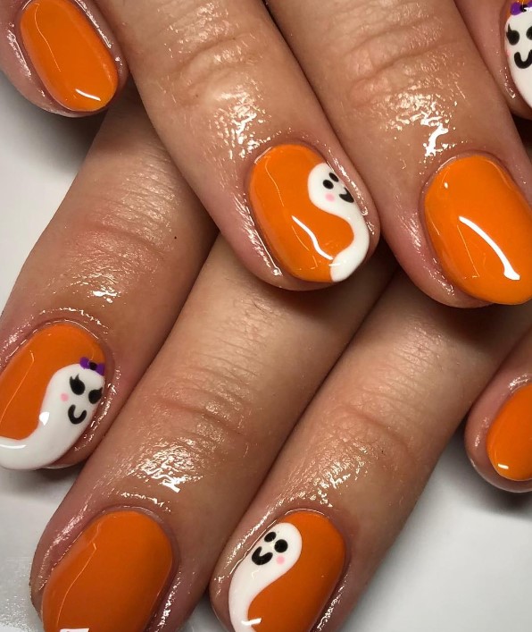 Orange Nails with Cutest Ghosts