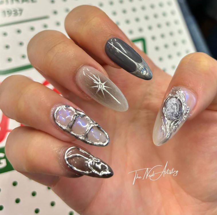 metallic nail art design on milky white nails