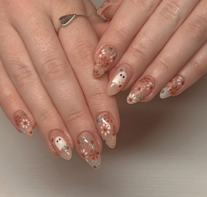 Fall Nails with flowers and Ghost: September nail designs