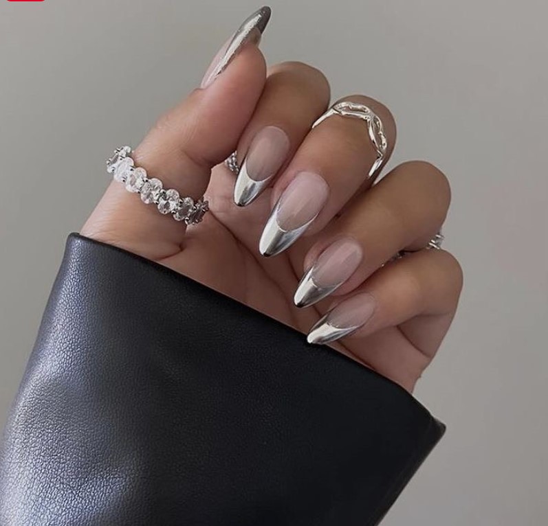 metallic nail art designs with french tips in silver