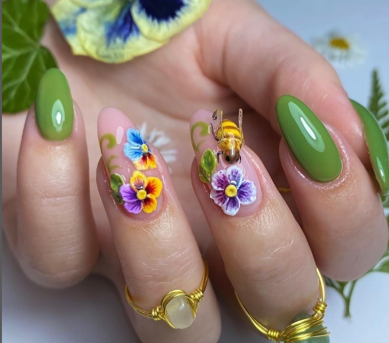 Bee nail design in green