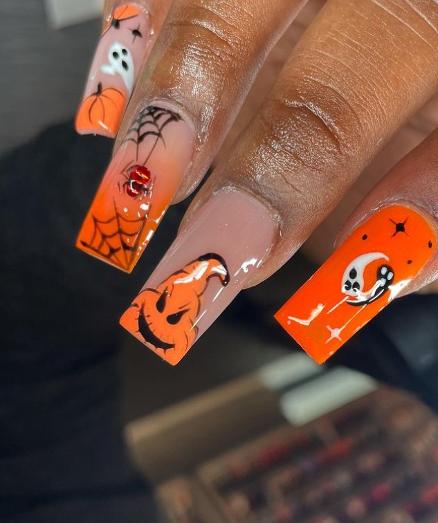 Long Haloween Orange Nails