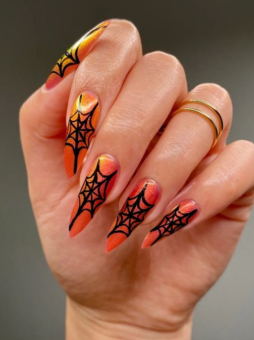 Orange Nails With Spider Web