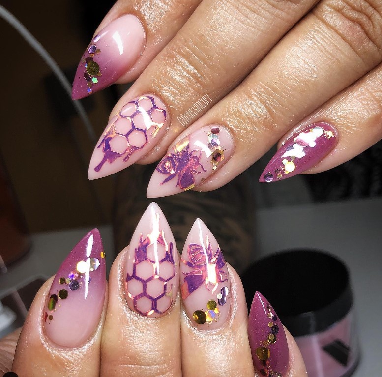 Bee nail design in pink and purple