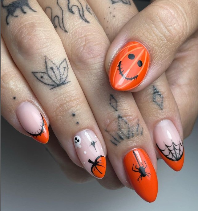 Almond Shaped Halloween Nails with Smiling Stitches