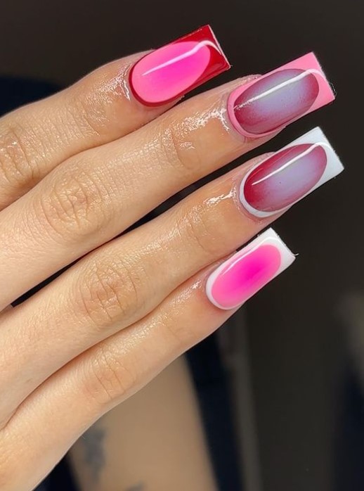 Pink and white square aura nails