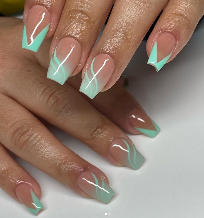 Aqua Green French Tip Coffin Nails