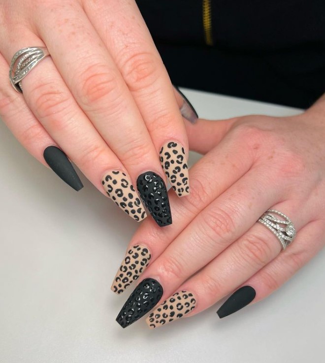 Black Coffin Nails with Cheetah prints