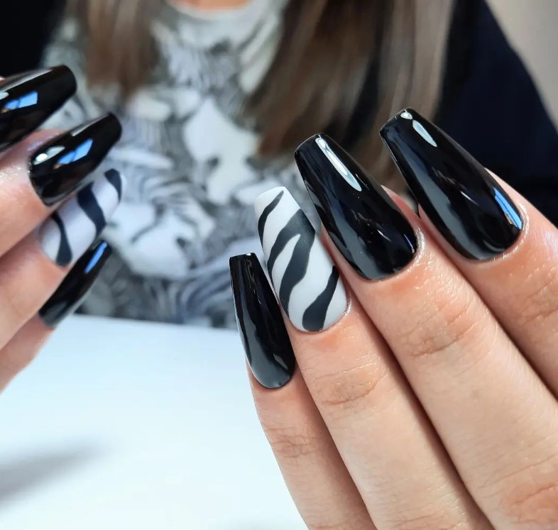 Black Coffins with Zebra design on Ring Finger