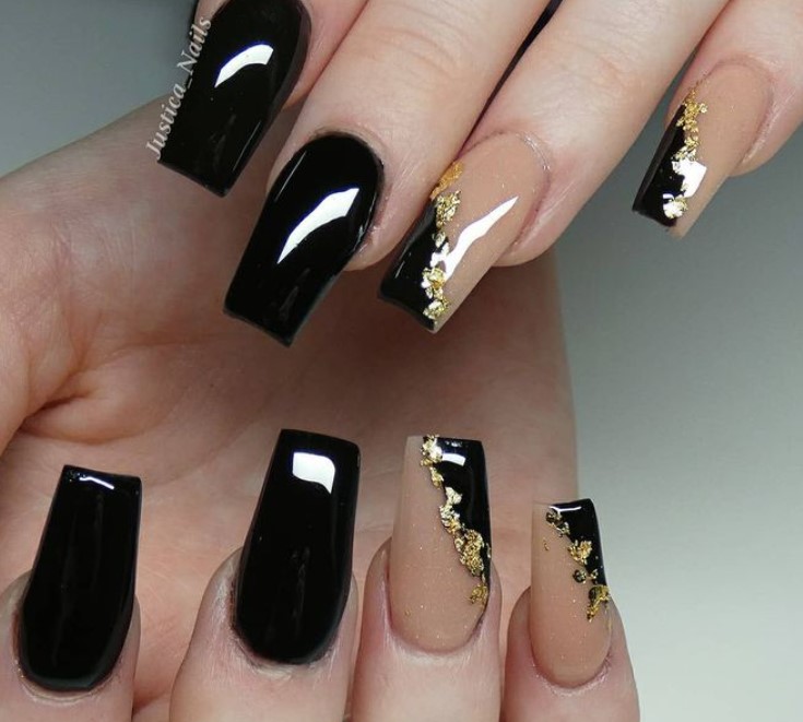 Black and Gold  Mid Length Coffin Nails