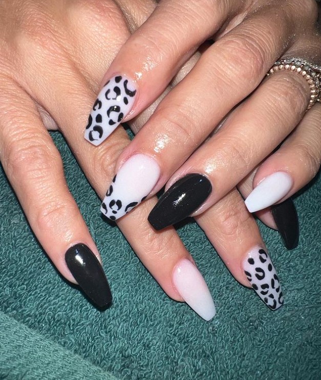 Milk white & black leopard print nails