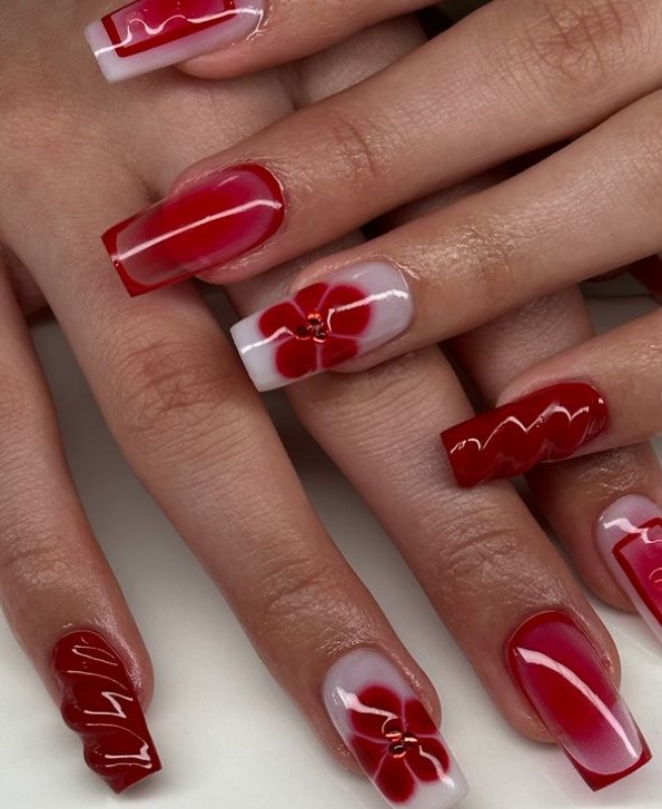 Glossy Red With White and Red Nails