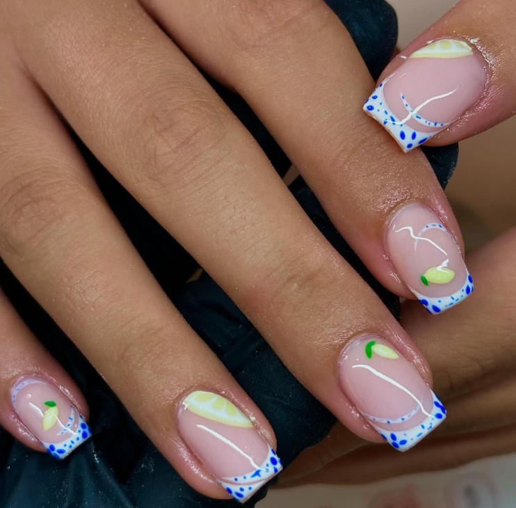 Blue design on White Tips with Natural Nails