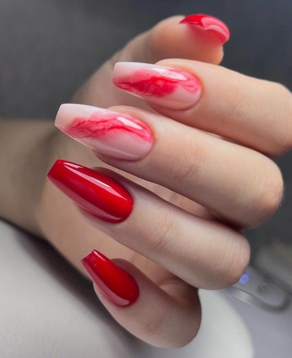  Bold red Nails With Some Marble Fingers