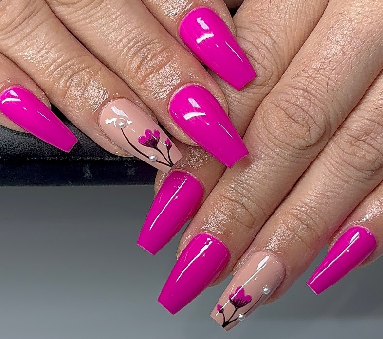 Bright Pink Coffin Nails with Hand painted flower