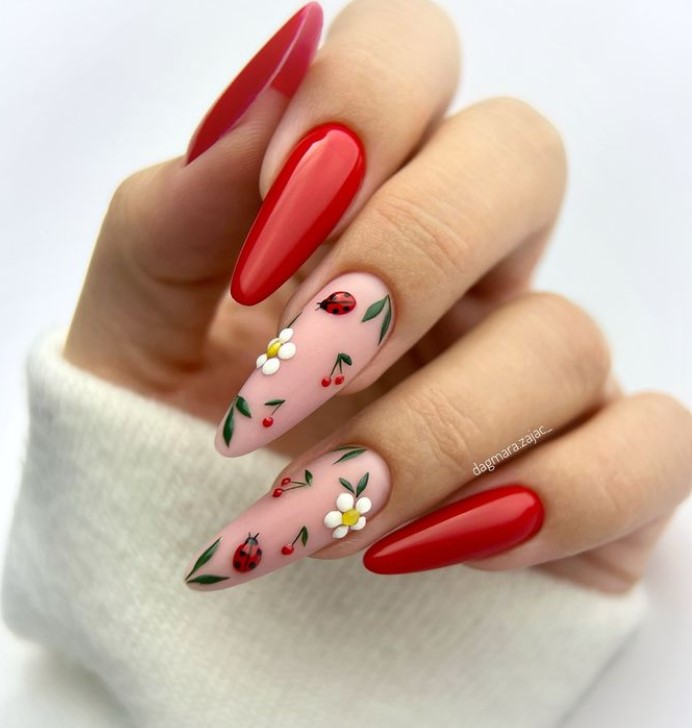 Bright Red and Blush Nails