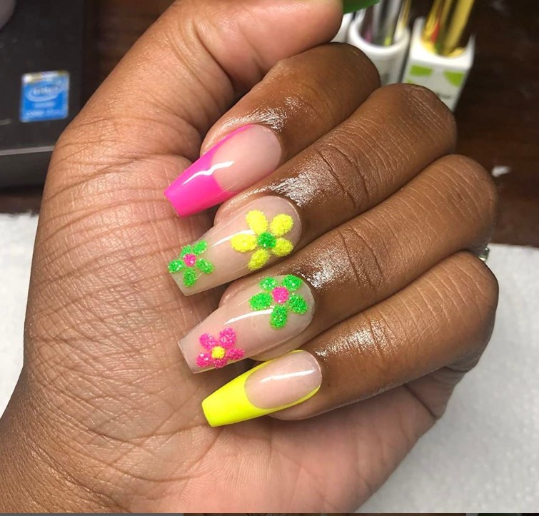 Bright floral coffin nail designs