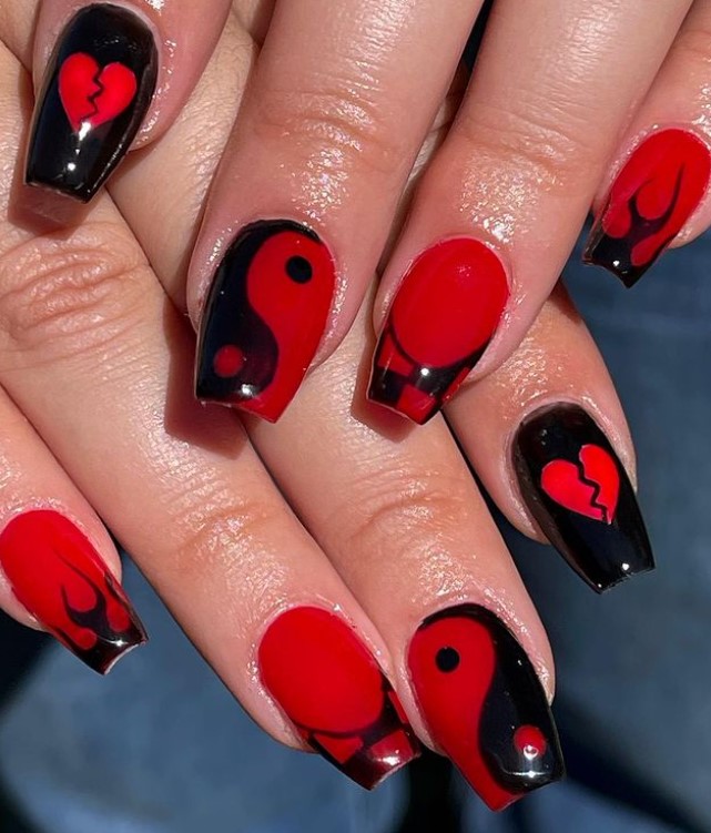  Broken Heart Red and Black Coffin Nails