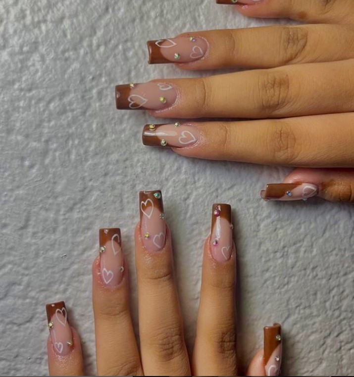 Brown French Tip Coffin Nails with white hearts