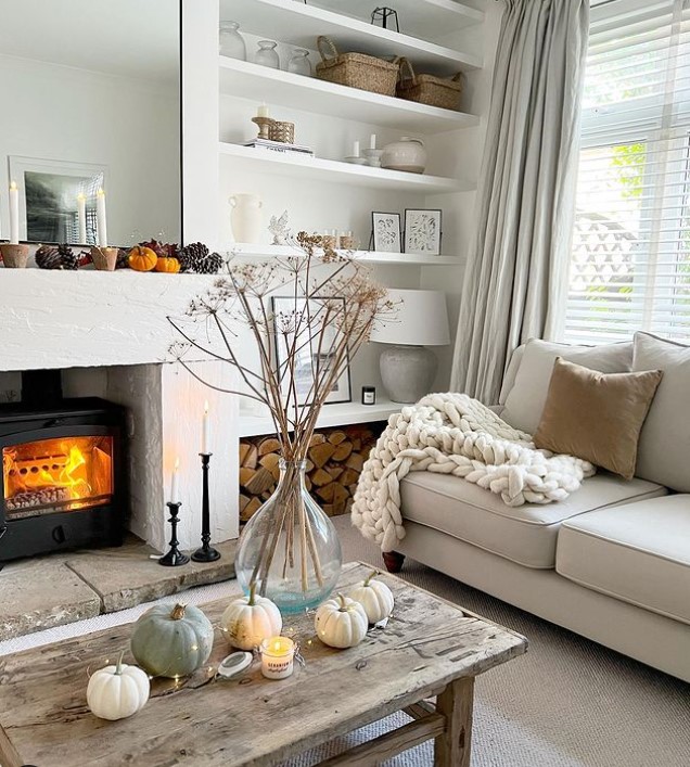 Coffee Table Decor with White and Grey Pumpkins