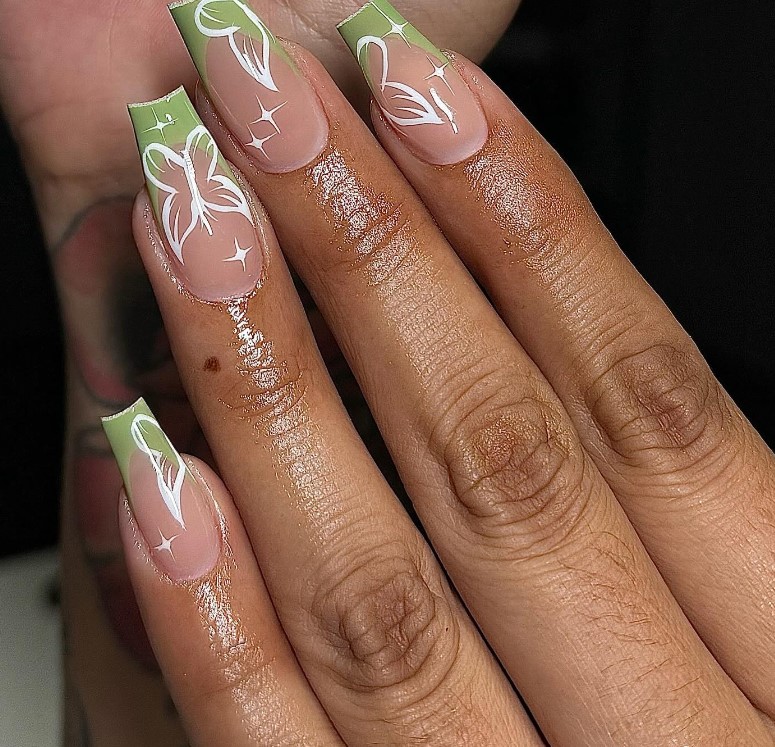 Coffin Nails with Green French Tips and white butterfly