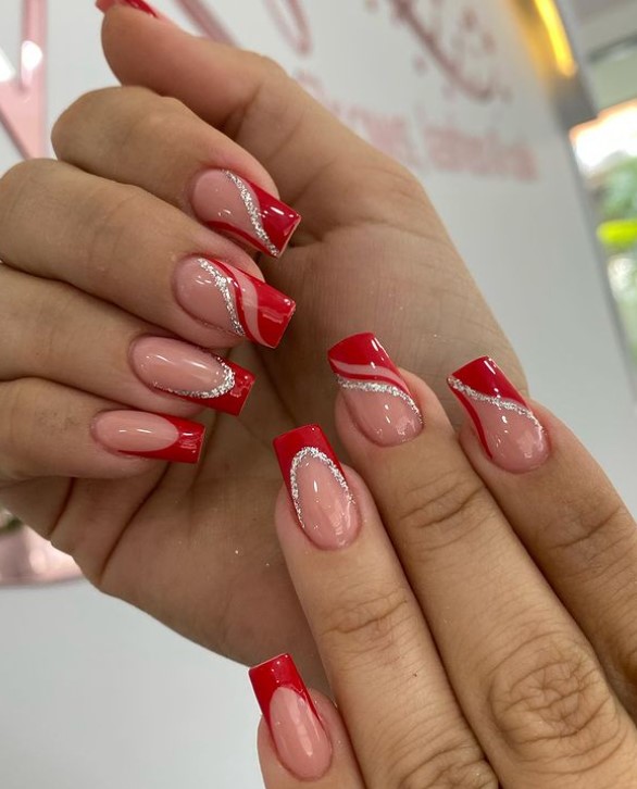 Coffin Nails with red and silver swirls 