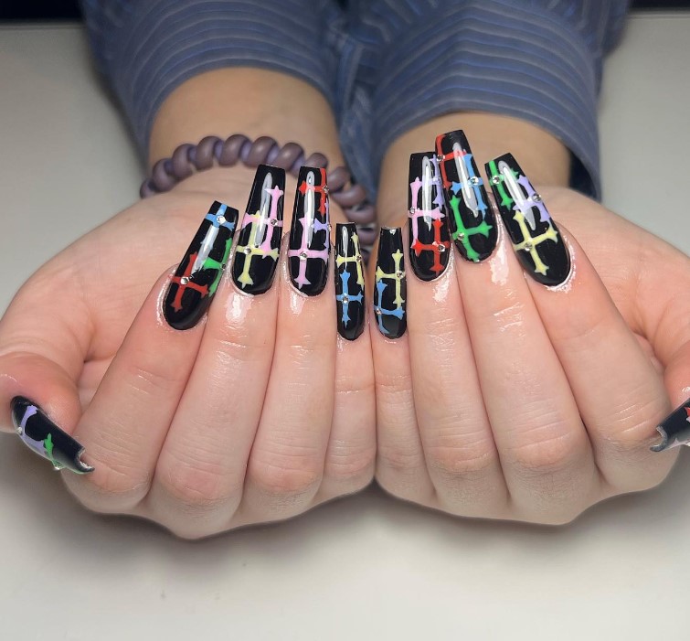 Colorful Black Nail in Coffin Shape