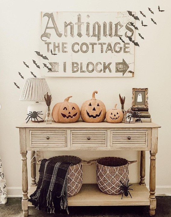 Entryway Decor with Brown Pumpkins