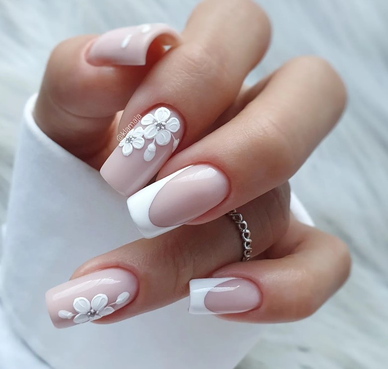 Flowers and White French tIPs on Natural Base