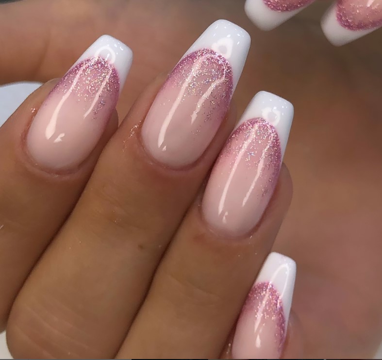 French tip coffin nail designs with pink Shimmer