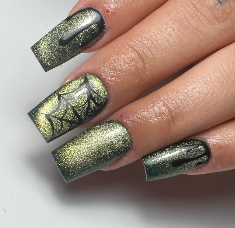 Green Shimmery Coffin Shorts Nails