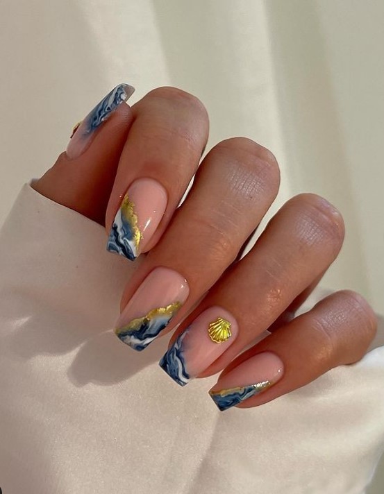 Marble Nails with Gold Foil Accents