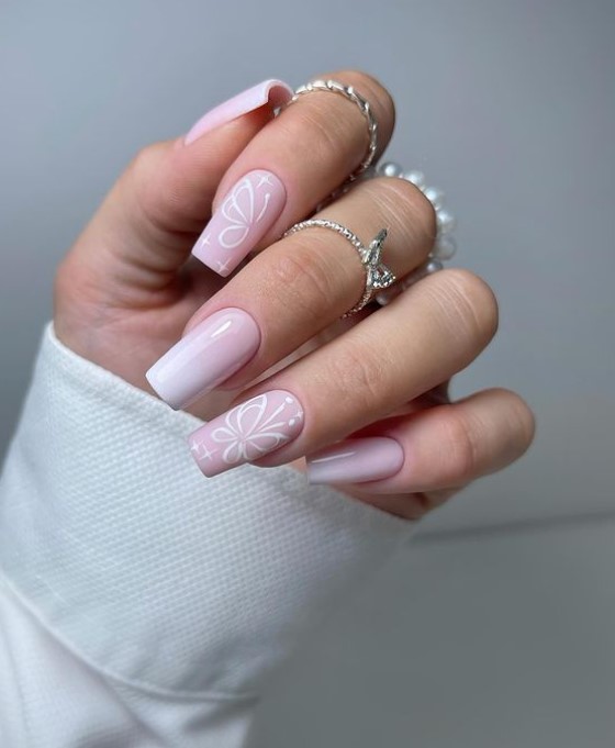 Milky Pink Nails with white Butterfly