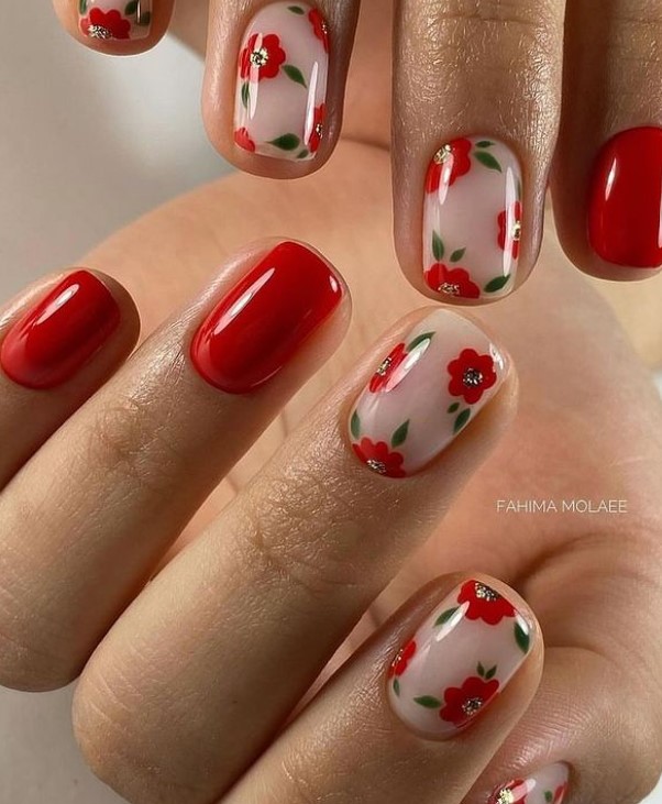 Natural Nails with red and red flowers on Blush Nails