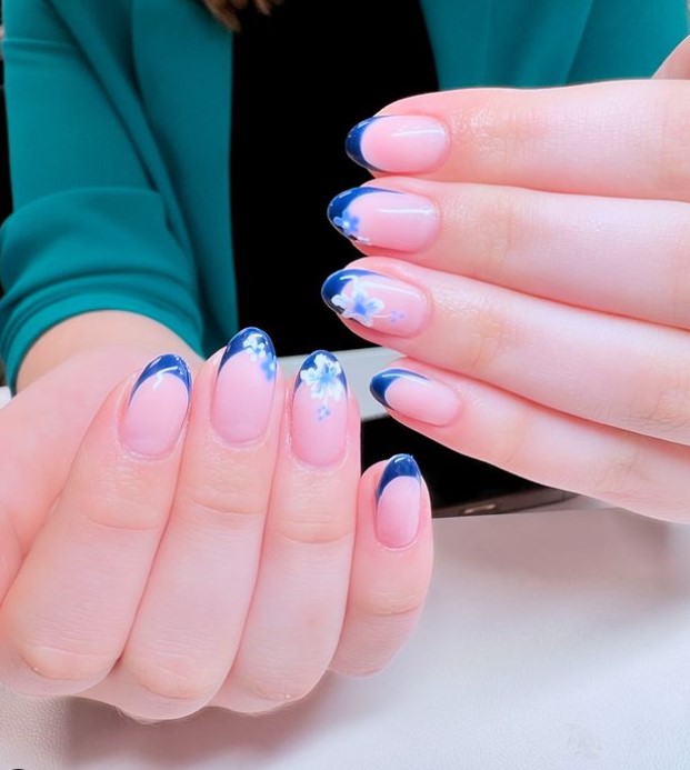 Navy Blue Tips with hIbiscus flowers