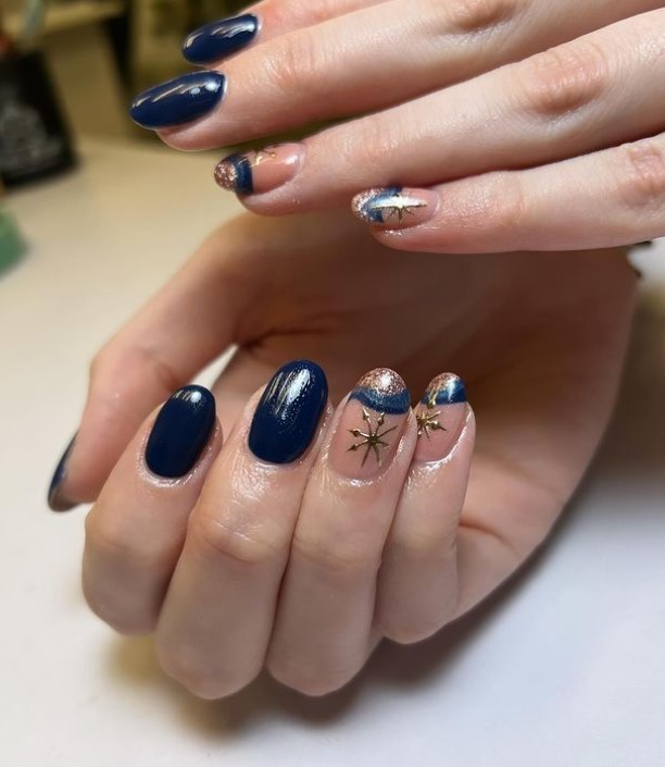 Navy blue and Gold Nails